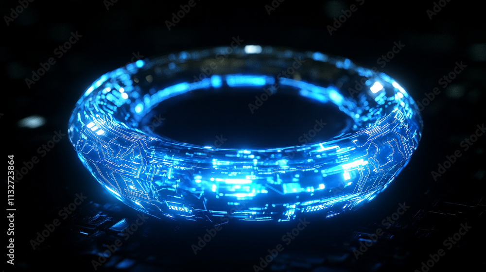 Poster futuristic glowing ring with intricate circuit patterns displayed in dark surroundings