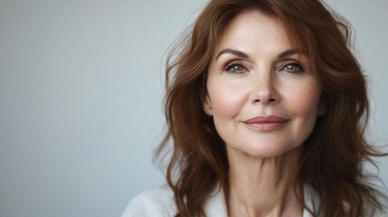 Naklejka premium A stunning woman displays a genuine smile, embodying beauty and confidence. Her natural charm shines through in a serene environment, creating an uplifting atmosphere