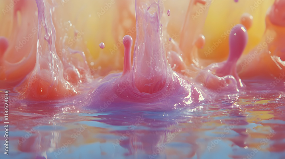 Poster colorful liquid splash with vibrant pink and orange hues creating dynamic texture and reflection.