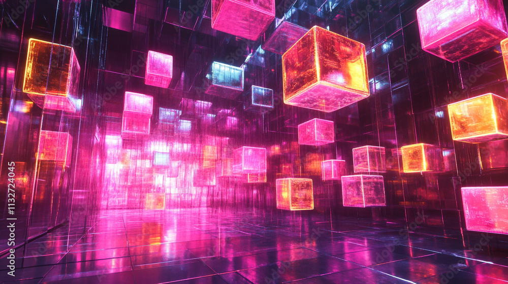 Poster colorful illuminated cubes floating in a reflective abstract space filled with light