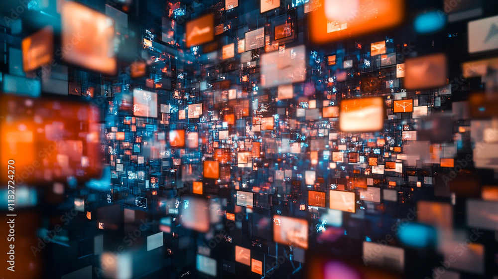 Poster vibrant digital interface showcasing floating colorful screens in a virtual environment