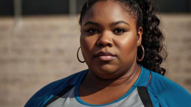 Mujer negra con sobrepeso vistiendo ropa deportiva
