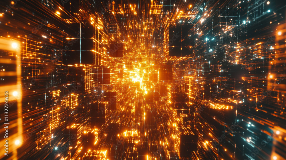 Poster dynamic bright orange and blue data stream resembling a digital universe in motion