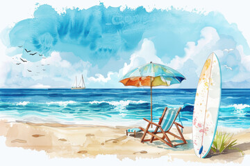 Beach with umbrella, loungers and surf. Watercolor painting