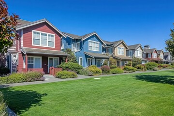 Charming suburban homes with colorful facades and manicured lawns under clear blue sky, depicting a peaceful neighborhood lifestyle in a sunny setting.