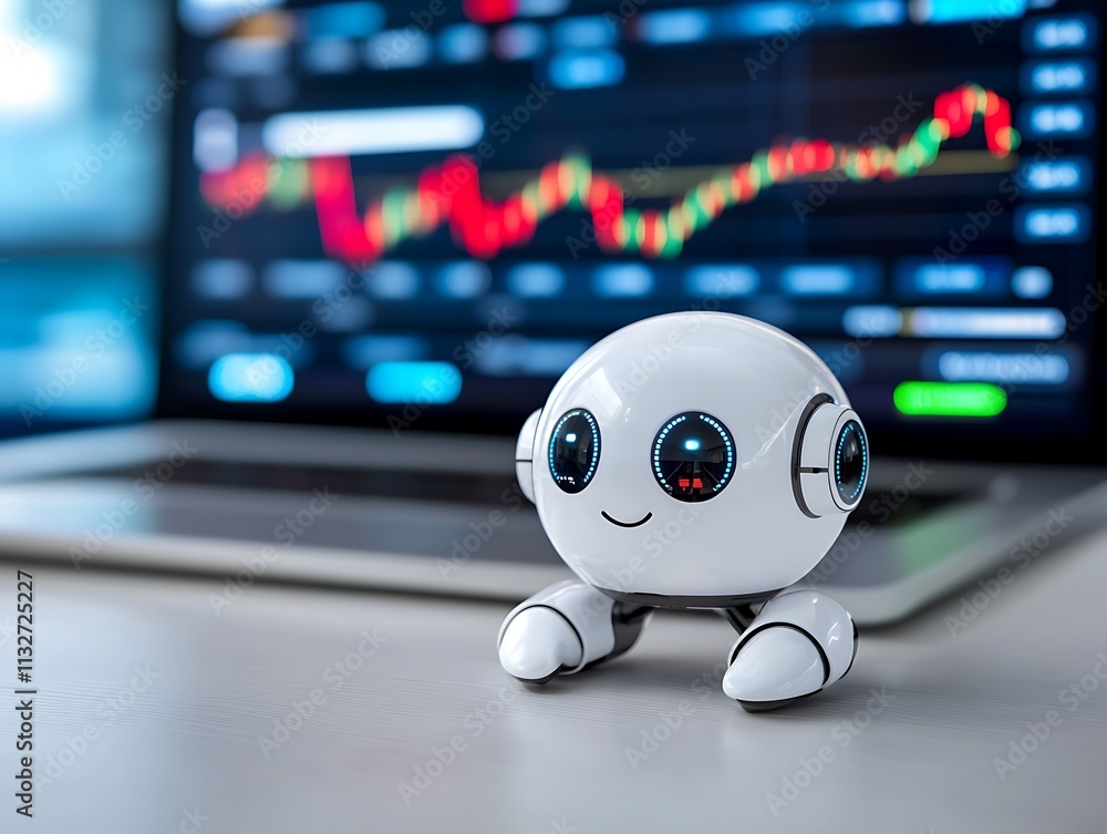 Poster small robot sits on desk in front of laptop displaying stock market data.