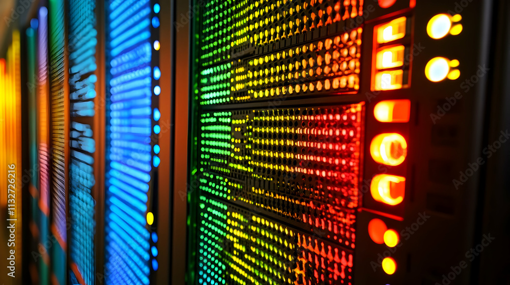 Poster colorful server rack with illuminated lights in a data center.