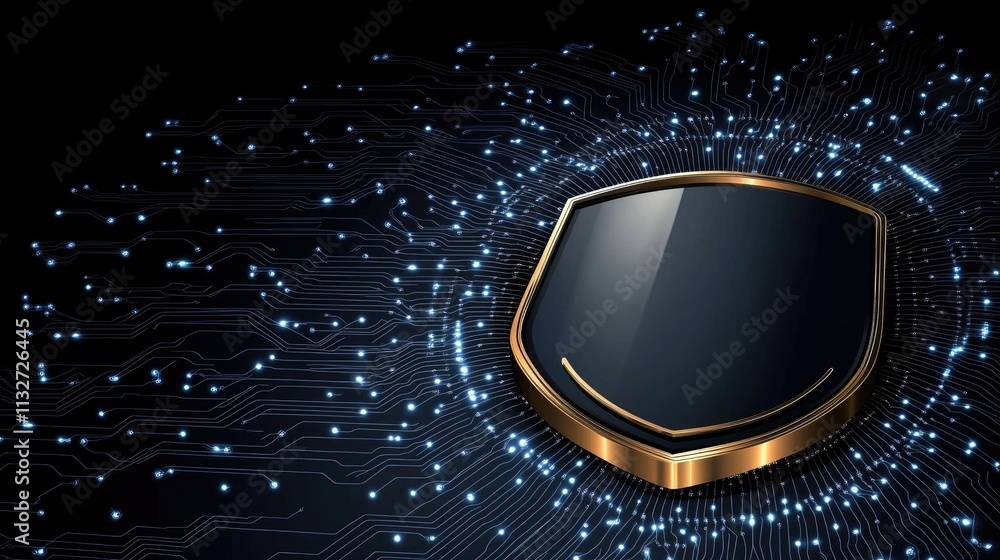 Poster advanced digital protection concept featuring a high-tech security shield illuminated by cyber conne