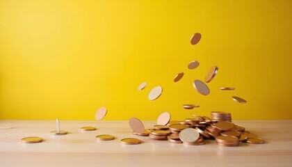 Coins falling and scattering on a wooden surface with a warm yellow background during daytime