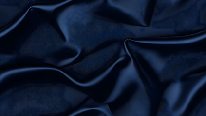 Beautiful dark blue silk satin background. Soft folds on shiny fabric. Luxury background with space for design. Web banner. Flat lay, Table top view. Christmas, Valentine's Day.
