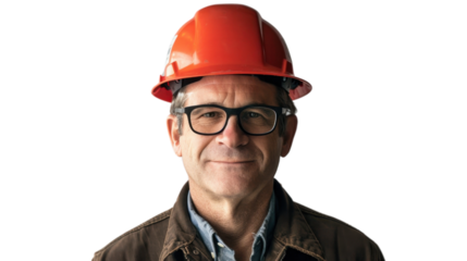 American caucasian middle age male engineer with safety helmet on white background
