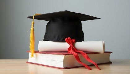 Graduation cap sits atop stacked books with a diploma rolled and tied, symbolizing academic achievement and future opportunities