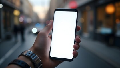 Hand holding a smartphone with a blank screen in a softly lit environment emphasizing digital connection