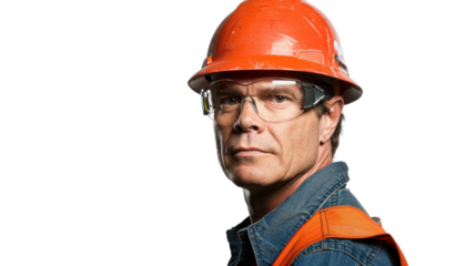 American caucasian middle age male engineer with safety helmet on white background
