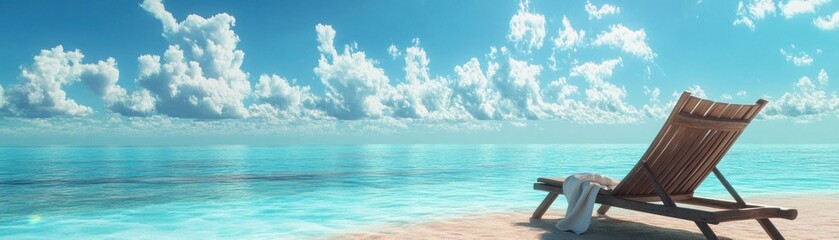 Fototapeta premium Tranquil Beach Scene with Relaxing Lounge Chair by the Ocean