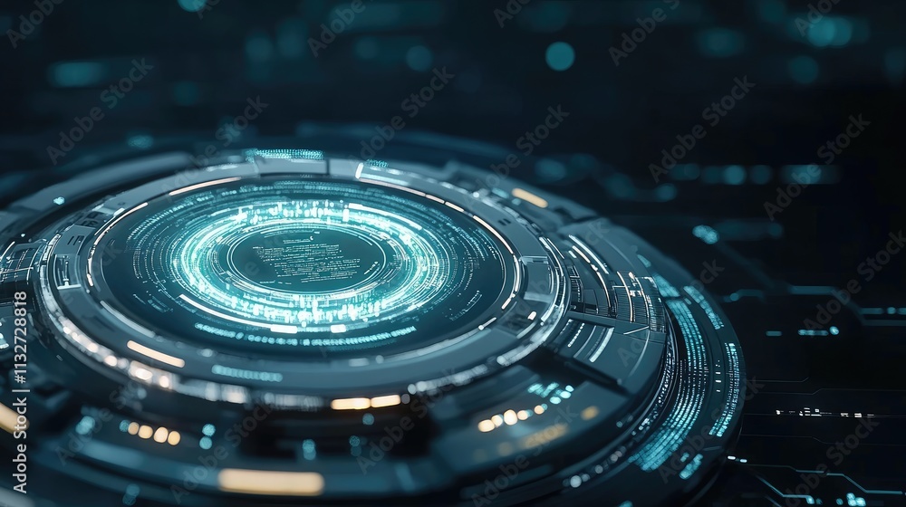 Poster advanced digital protection concept featuring a high-tech security shield illuminated by cyber conne