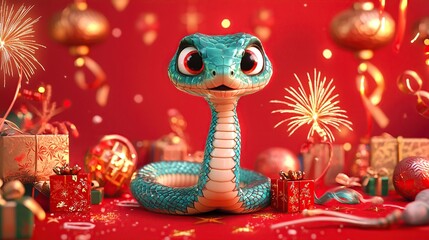 Fototapeta premium A super cute and friendly snake with big, expressive eyes, chinese new year