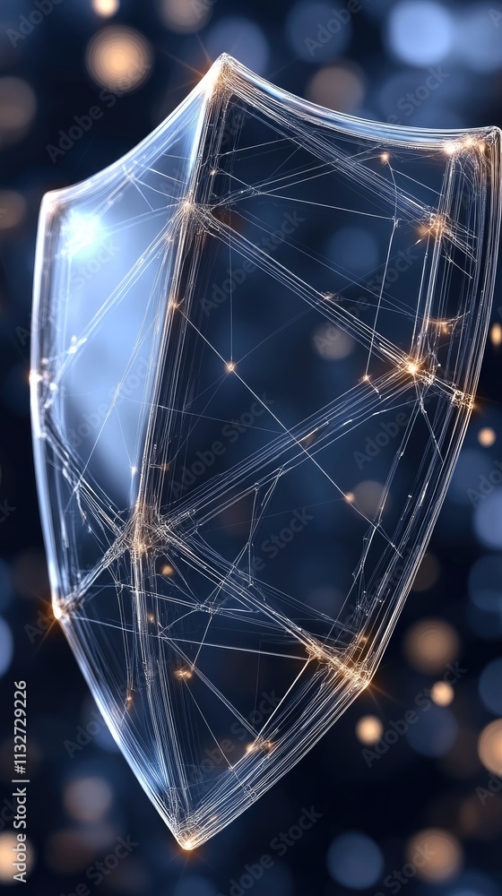 Poster advanced digital protection concept featuring a high-tech security shield illuminated by cyber conne