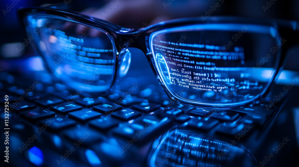 Poster close-up of glasses reflecting code on a keyboard in a dark environment at night