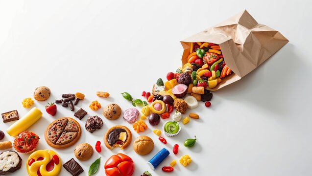Flatlay image showcasing a various kind of junk food  spiled from paper bag in white background