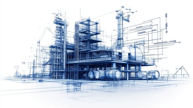 Urban skyline under construction with detailed blueprints, cranes, and high-rise buildings, illustrating modern architectural design and city development