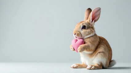Obraz premium Adorable rabbit holding a pink heart on a light gray background with copy space. Perfect for Valentine’s Day or love-themed designs.