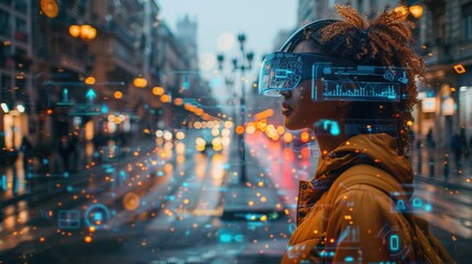 Naklejka premium A young woman wearing VR headset, experiencing augmented reality city view, overlaid with data graphics.