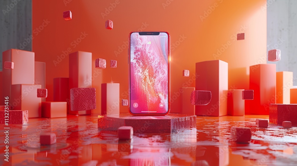 Poster smartphone on red platform with abstract shapes.