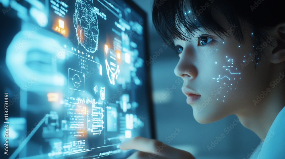 Poster young person interacts with advanced technology while exploring digital interface