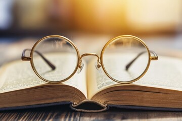 Elegant Vintage Glasses Resting on an Open Book with Soft Lighting, Symbolizing Knowledge and Intellectual Pursuit in a Cozy Reading Environment