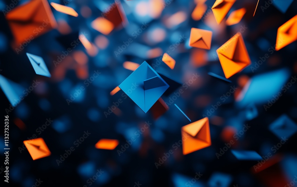 Leinwandbilder abstract floating blue and orange envelopes in dark space, a colorful and dynamic background symboli