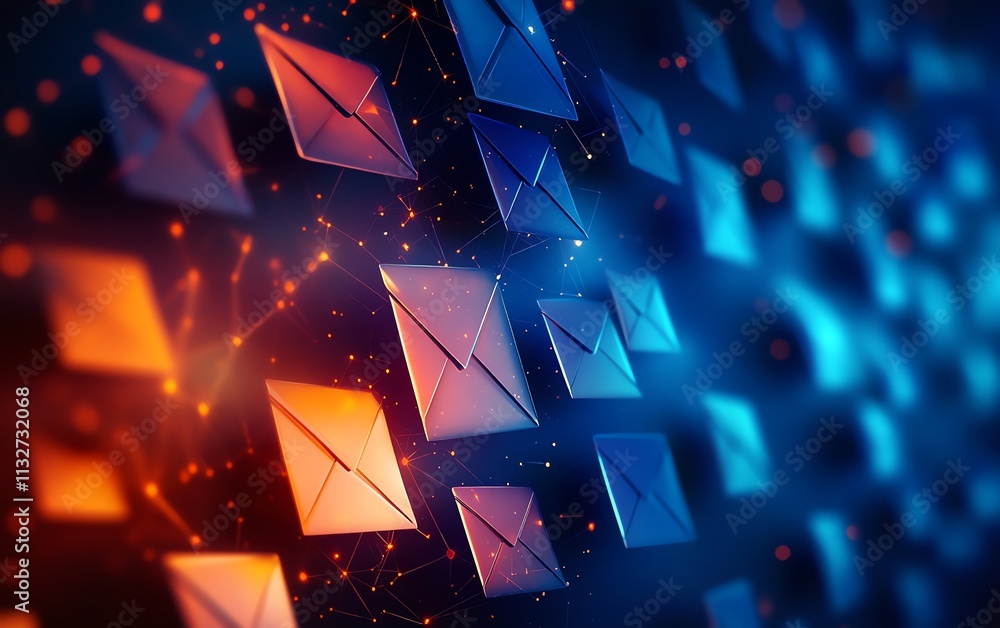 Leinwandbilder abstract floating blue and orange envelopes in dark space, a colorful and dynamic background symboli