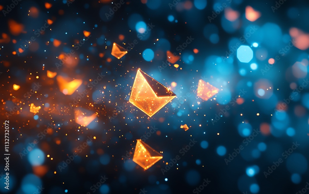 Leinwandbilder abstract floating blue and orange envelopes in dark space, a colorful and dynamic background symboli
