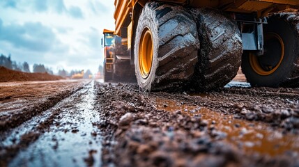 Dump Truck Driving on Muddy Jobsite Road Construction Heavy Equipment Vehicle Worksite Landscape Industrial Machinery