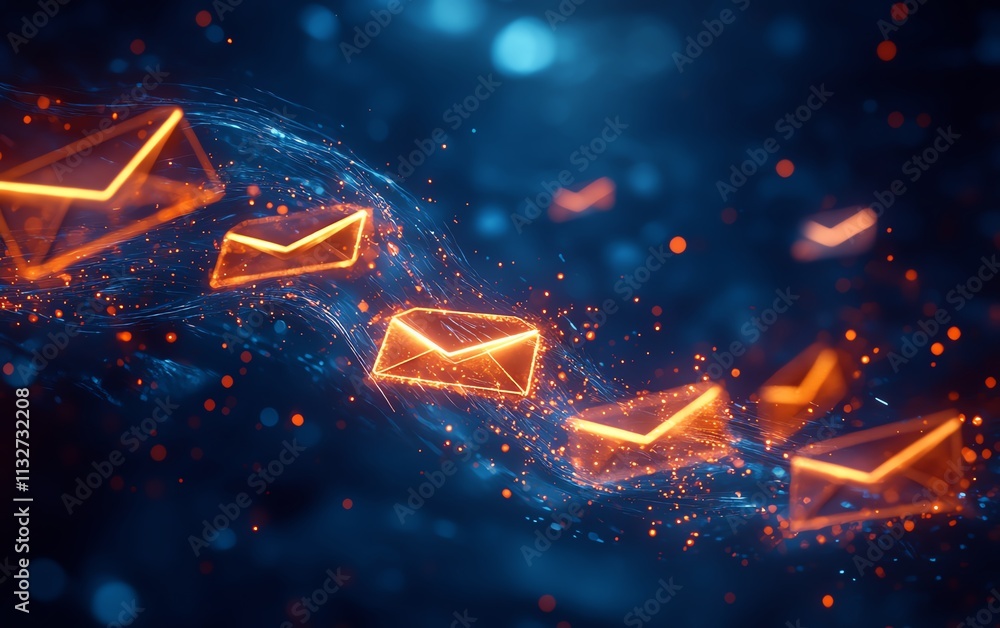 Aufkleber blue and orange envelopes floating in a dark space, creating an abstract visual of communication, mo