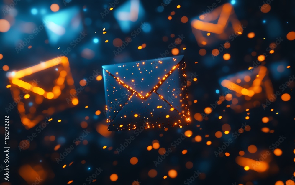 Aufkleber Blue and orange envelopes floating in a dark space, creating an abstract visual of communication, movement, and modern design with glowing accents