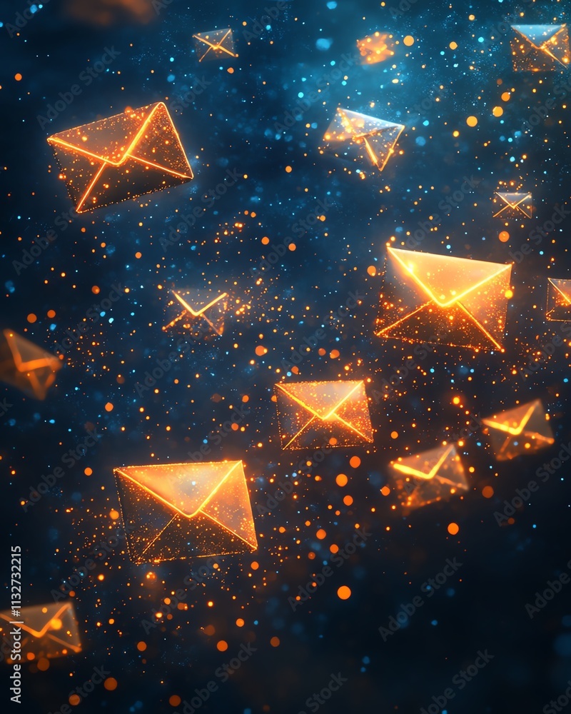 Aufkleber Blue and orange envelopes floating in a dark space, creating an abstract visual of communication, movement, and modern design with glowing accents