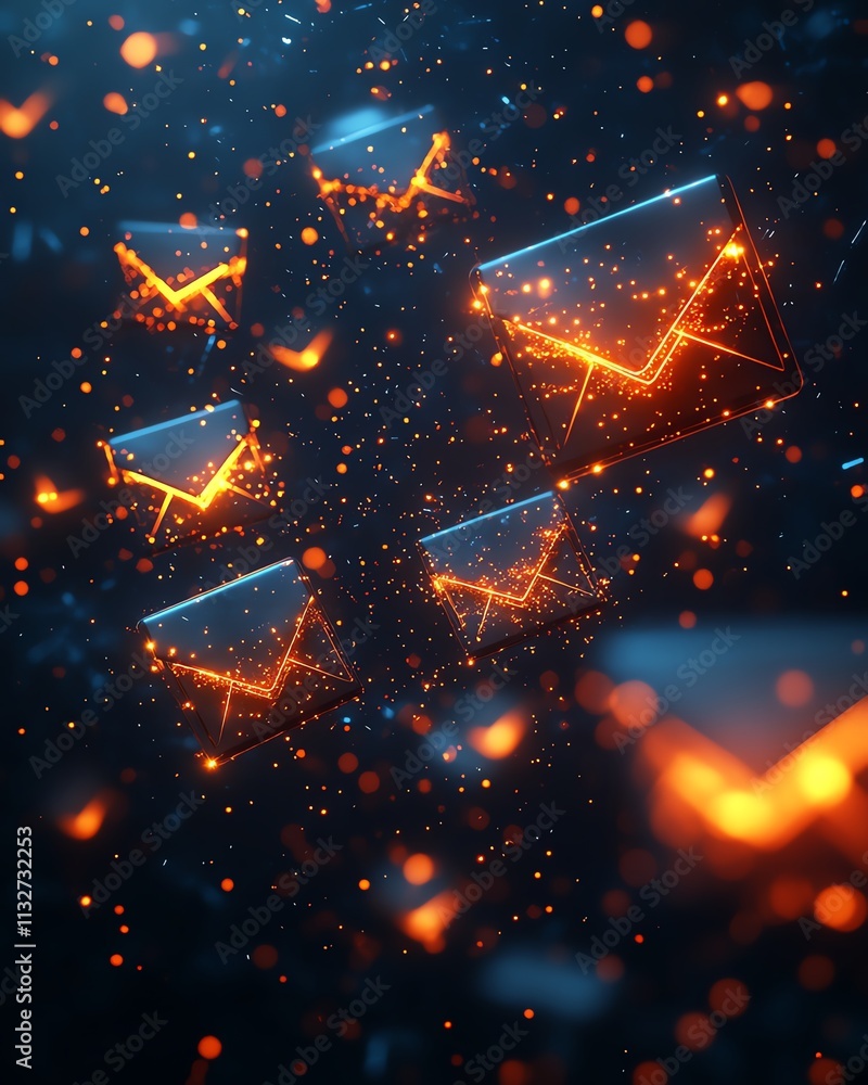 Aufkleber Blue and orange envelopes floating in a dark space, creating an abstract visual of communication, movement, and modern design with glowing accents