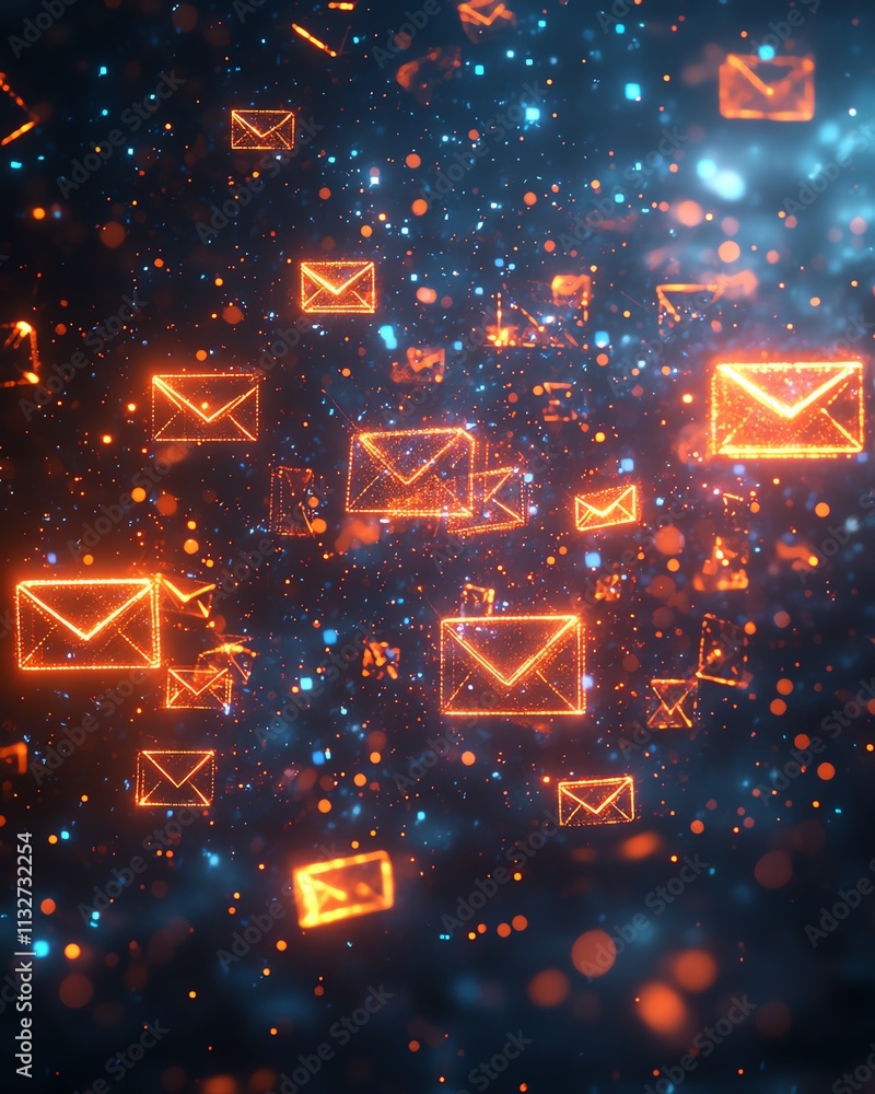 Aufkleber blue and orange envelopes floating in a dark space, creating an abstract visual of communication, mo