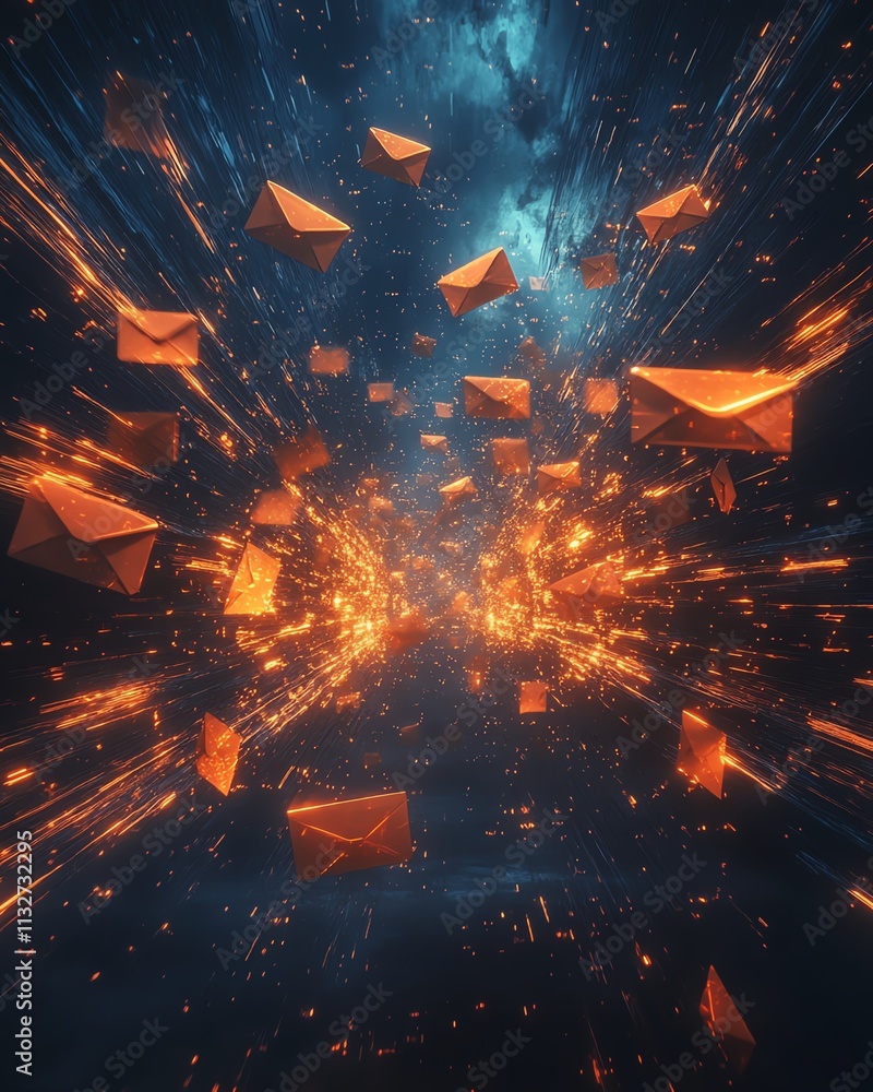 Aufkleber blue and orange envelopes floating in a dark space, creating an abstract visual of communication, mo