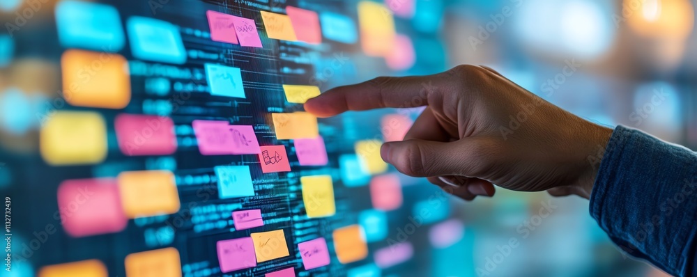 Aufkleber Closeup of a hand pointing at a digital screen with colorful sticky notes and flowing data, symbolizing productivity, innovation, and digital organization
