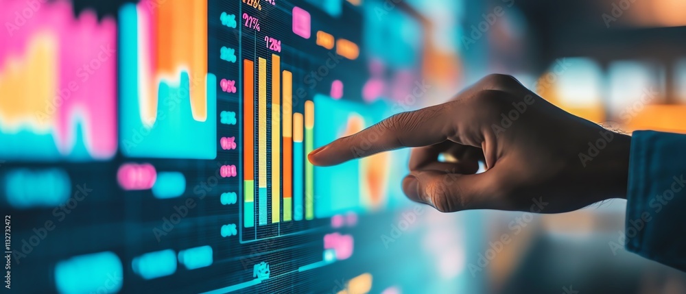 Aufkleber Closeup of a hand pointing at a digital display filled with colorful sticky notes, data charts, and graphs, symbolizing techdriven organization and workflow optimization
