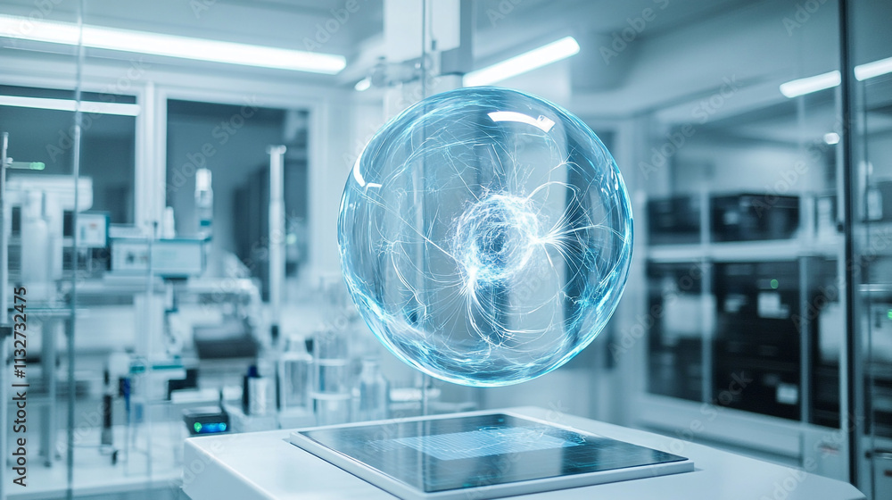 Poster sphere of energy floating in a high-tech laboratory environment with advanced equipment
