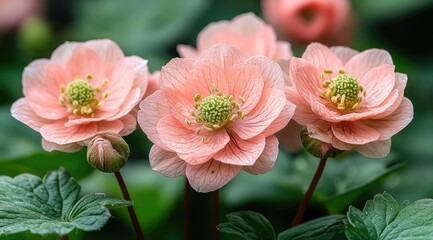 Close-up of three delicate, peach-colored flowers with green centers, surrounded by foliage.