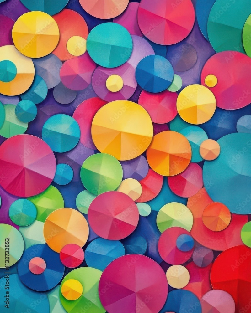Poster a vibrant abstract composition of colorful circles in various sizes, creating a playful and dynamic 
