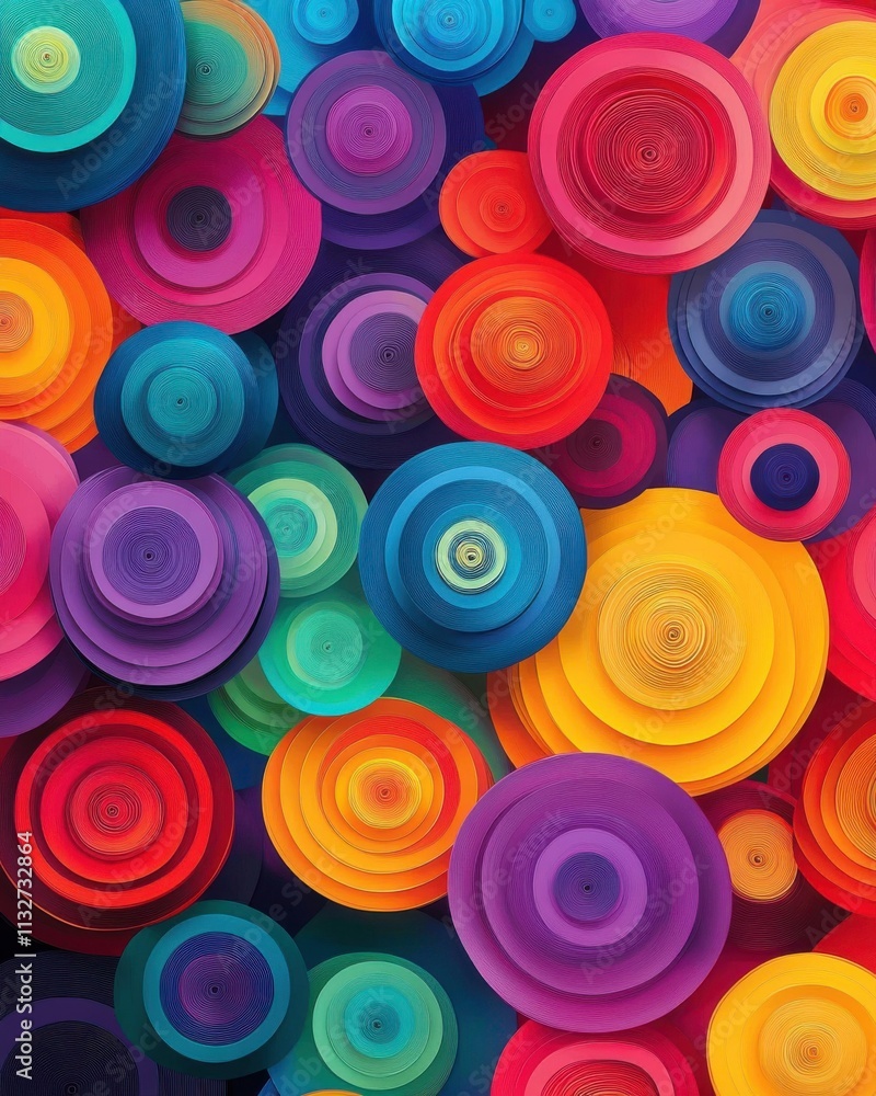 Poster colorful circular paper art design featuring vibrant layers in a spectrum of colors and sizes.