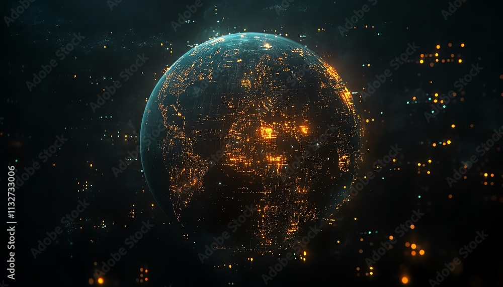 Poster digital earth with glowing lights and data connections, symbolizing the global interconnectedness an