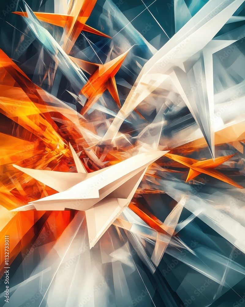 Poster dynamic abstract composition featuring sharp, angular shapes in vibrant orange and white tones.