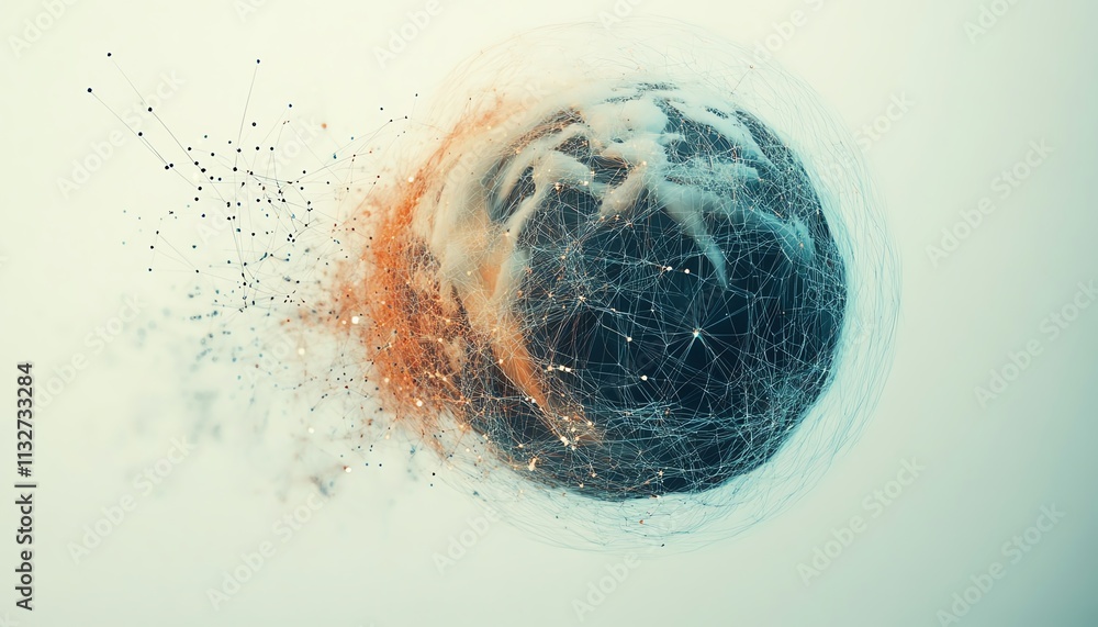 Poster Earth in digital form with glowing connections and network lines, symbolizing global unity and technology, isolated on a plain white background