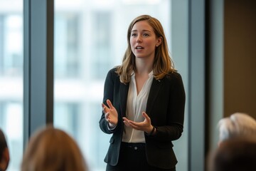 Professional Female Speaker Engaging Audience in Modern Office Environment During Business Seminar or Workshop with Natural Light and Urban View